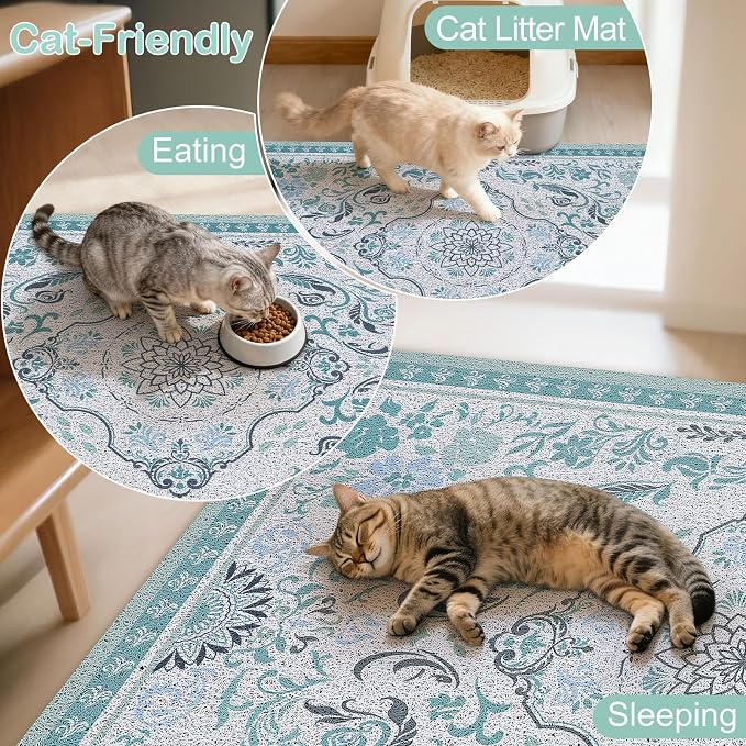 33"x22" Cat Litter Mat Waterproof Non-Slip Litter Trapping Pad | Soft Mesh Litter Box Mat With A Decorative Pattern Captures Scatter Effectively To Keep Floors Clean And Tidy