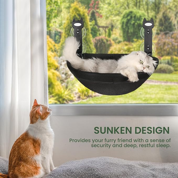 HiPetpy Cat Window Perch, Foldable Cat Hammock with Sunken Design, Breathable Cordless Window Bed with Stud Metal Frame for Large Cats and Kitten (Black Deep Perch, 1 Pack - M)