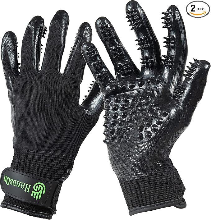 H HandsOn Pet Grooming Gloves - Patented #1 Ranked, Award Winning Shedding, Bathing, & Hair Remover Gloves - Gentle Brush for Cats, Dogs, and Horses (Black, Medium)