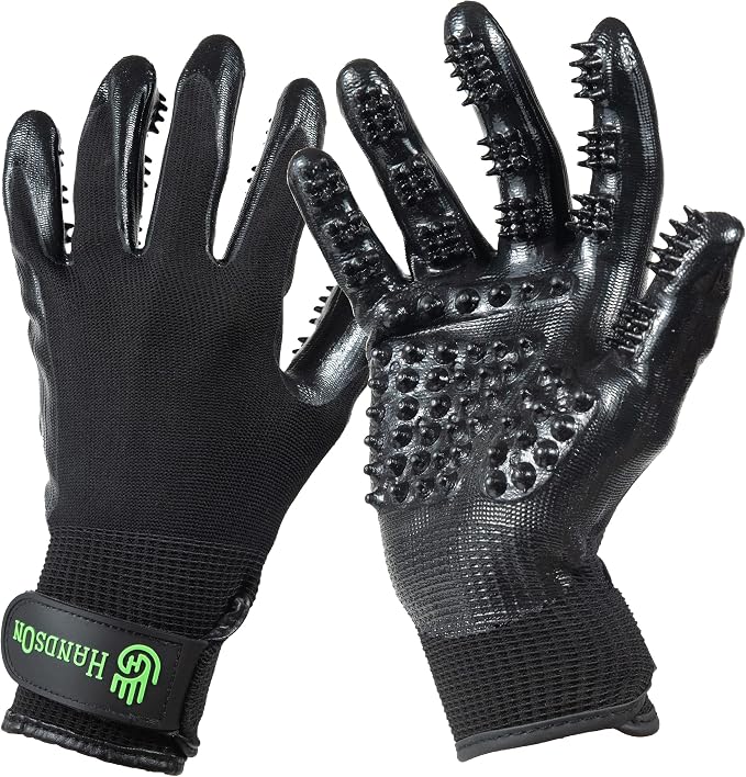 H HandsOn Pet Grooming Gloves - Patented #1 Ranked, Award Winning Shedding, Bathing, & Hair Remover Gloves - Gentle Brush for Cats, Dogs, and Horses (Black, Small)