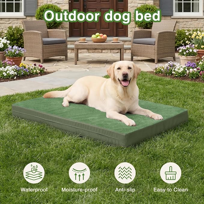 Outdoor Waterproof Dog Beds Large Sized Dog Washable, XL Leather Crate Pad 42 inch, Extra Large Orthopedic Foam Pet Bed with Removable Cover Reversible, Anti-Slip Kennel Pad, 41"x27", Green
