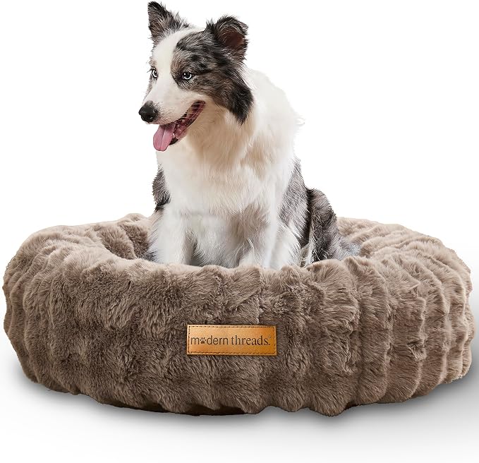 Modern Threads Calming Donut Dog Bed for Medium Dogs, Plush Round Faux Fur Pet Bed with Raised Bolster, Soft Washable Dog Bed, 30x30x9, Taupe