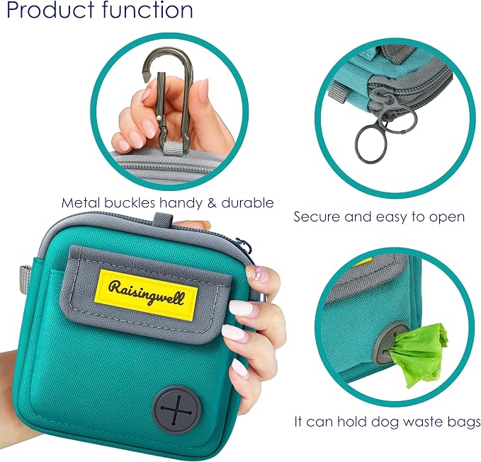 Raisingwell Dog Treat Pouch for Pet Walking and Training with Clicker Poop Bags and Three Bags Design Small Fanny Zipper Pack Holder for Puppy Snack Dispenser Kit for Leash and Outdoor Use (Green)