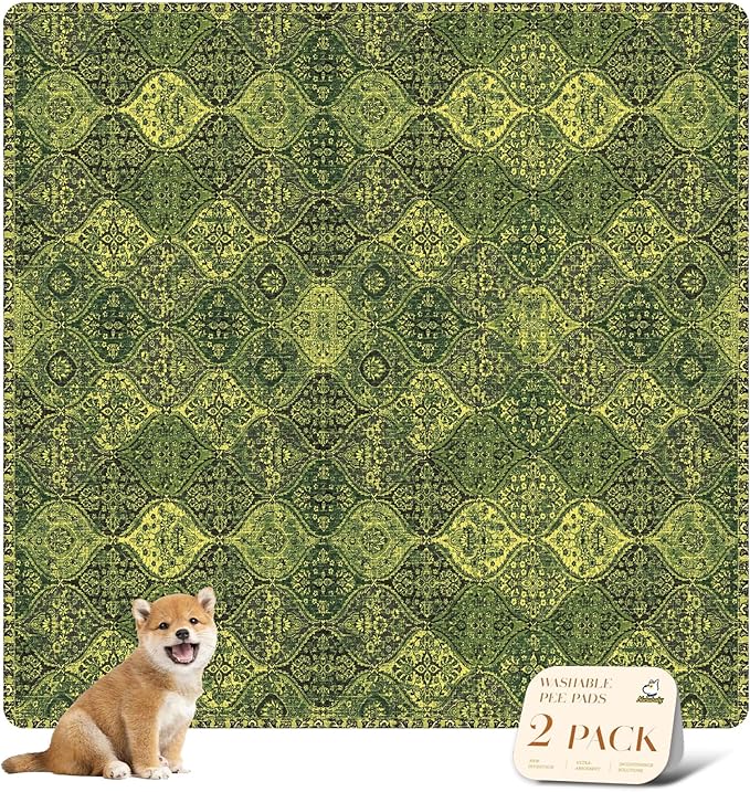 nunubaby 2PACK Washable Pee Pads for Dogs, Stylish, Non-Slip and Leak-Proof Pee Pads. Reusable Potty Pads for Dogs for Crates and Floors.(Green/Multi,72" x72" )