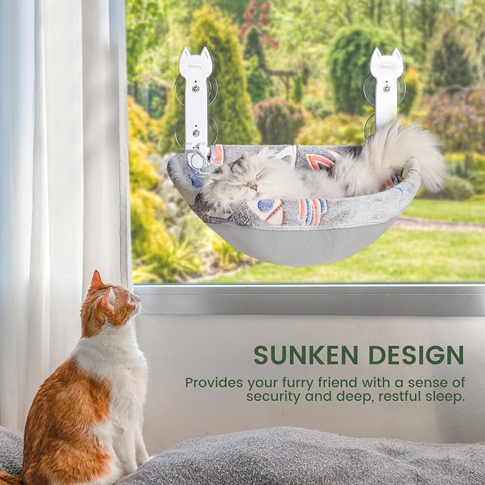 HiPetpy 1 Pack Cat Window Perch, Glow in The Dark Foldable Cat Hammock with Sunken Design & Removable Soft Cover, Breathable Cordless Window Bed for Resting Indoor Kitten (Grey Deep Perch, 1 Pack - M)