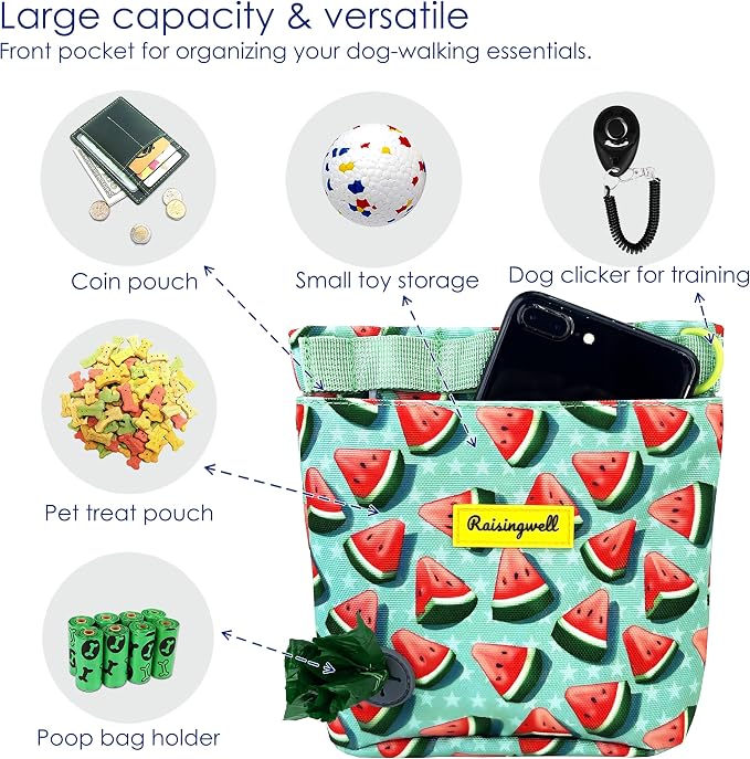 Raisingwell Dog Treat Pouch for Pet Walking and Training with Clicker 2 Cup Silicone Bag Small Fanny Pack Holder for Puppy Snack Dispenser Kit for Leash and Outdoor Use (Watermelon)