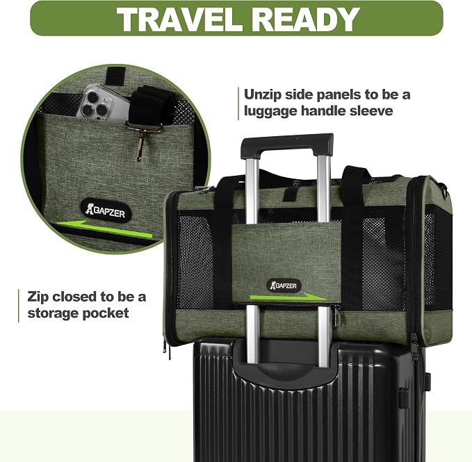 GAPZER Medium Cat Carrier Bag Lightweight, Soft-Sided Small Pet Carry Crate Teacup Breed Dogs, Top Loader Yorkie Kennel Sturdy Durable Mesh up to 15 lbs for Indoor House Dark Green