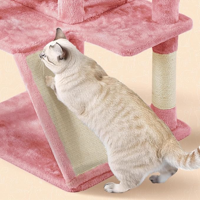 Topeakmart 57 inches Multi-Level Cat Tree Cat Condo with Scratching Posts Kittens Activity Tower Pet Play House Furniture, Pink | Easy to assemble, a great first cat tree with perches, hammock and anti-tip strap, ideal for small to medium cats, pink