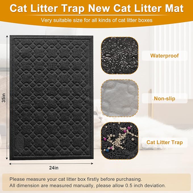 Cat Litter Box Mat, 35" x 24" Large Kitty Litter Trapping Mat Keep Floor Clean, Litter Box Mat Scatter Control, Waterproof, Easy to Clean, Durable Large Size Litter Mats for Floor