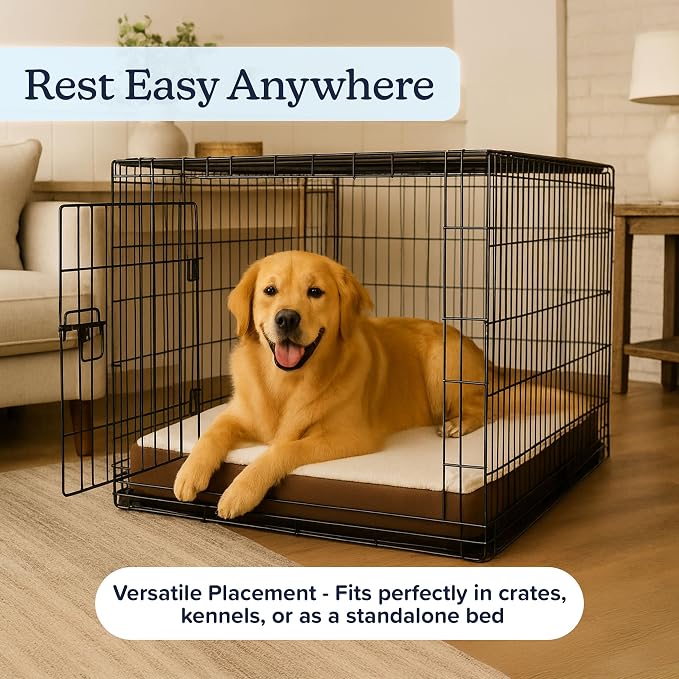 Orthopedic Dog Bed - 2-Layer Memory Foam Crate Mat with Machine Washable Sherpa Cover - 36x27 Pet Bed for Large Dogs Up to 65lbs by PETMAKER (Brown)