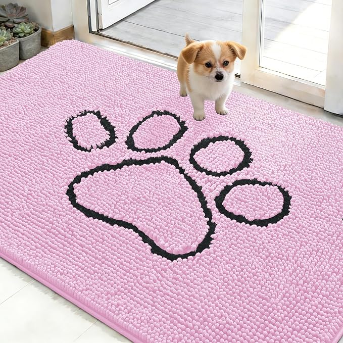 OLANLY Dog Door Mat for Muddy Paws 48x30, Paw Print Design Chenille Mud Mat | Pink, Super Absorbent, Traps Moisture and Dirt, Non-Slip Washable Doormat, Quick-Drying Indoor Entryway Floor Carpet for Dogs