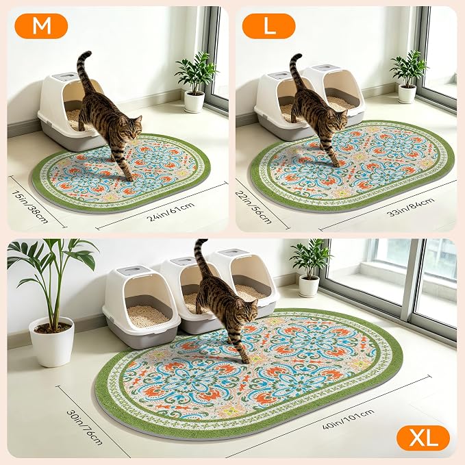 Cat Litter Mat, 24"x15" High Density PVC Litter Trapping Mat, Non-Slip, Waterproof & Urine-Proof Litters Catcher Mats, Keep Floor Clean, Soft on Kitten Paws, Cat Essentials Bean Green