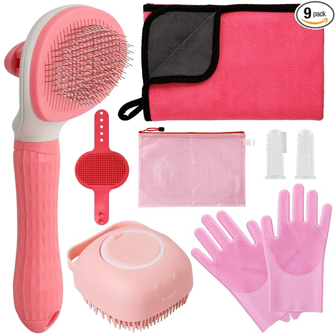 Dog Bathing Supplies Pet Grooming Set Kit, Bath Washing Gloves, Towels, Shampoo Bath Brush, Finger-Sleeve Toothbrush, Pet Washing Kit, Suitable for Dogs and Cats 9-Piece (Pink)