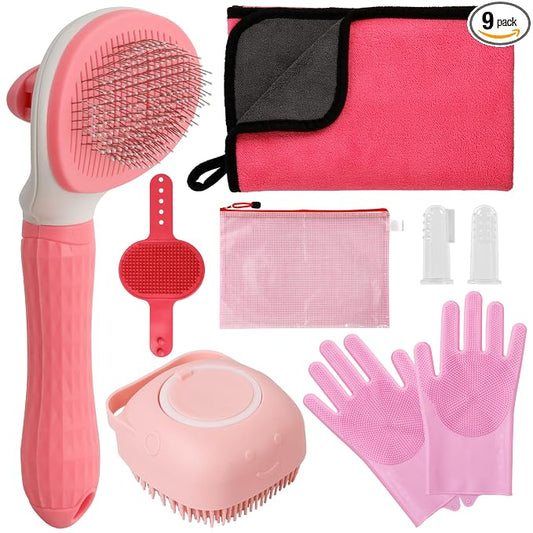 Dog Bathing Supplies Pet Grooming Set Kit, Bath Washing Gloves, Towels, Shampoo Bath Brush, Finger-Sleeve Toothbrush, Pet Washing Kit, Suitable for Dogs and Cats 9-Piece (Pink)