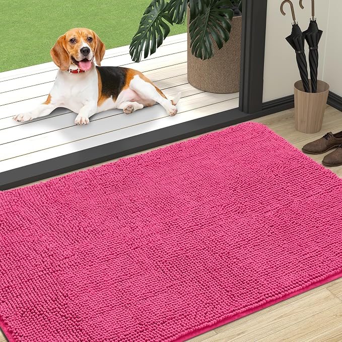 OLANLY Dog Door Mat for Muddy Paws 47x32, Super Absorbent Chenille Mud Mat | Hot Pink, Absorbs Moisture and Dirt, Non-Slip Machine Washable Doormat, Quick-Drying Indoor Entryway Floor Carpet for Dogs