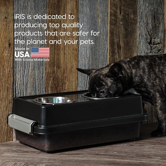 IRIS USA Elevated Dog Bowls with Storage, 6" H Raised Feeding Station, Dog Bowl Stand with Airtight Food Storage Holds 5 lbs, 4 Removable 16 oz Stainless Steel Food and Water Bowls, Smoke/Black