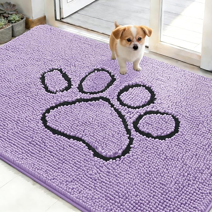OLANLY Dog Door Mat for Muddy Paws 48x30, Paw Print Design Chenille Mud Mat | Lavender, Absorbent, Traps Moisture and Dirt, Non-Slip Washable Doormat, Quick-Drying Indoor Entryway Floor Carpet for Dogs