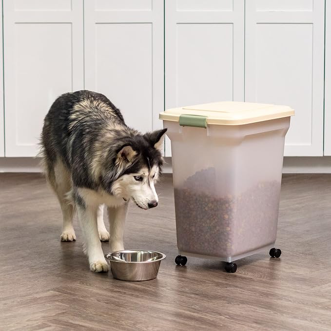 IRIS USA Dog Food Storage Container, Up to 40 lbs, Almond, Made in USA | Wheels for Mobility, Airtight Seal, BPA-Free, Best for Bird Seed, Cat food, Cat Litter, Chicken Feed, Pellets