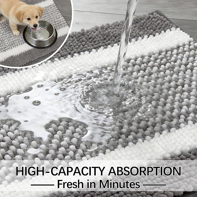 Dog Door Mat for Muddy Paws - Absorbent Quick-Dry Non-Slip Washable Chenille Pet Rug, Indoor Entryway Mat for Front Door & Crate (Gray White, 30" L*18" W)