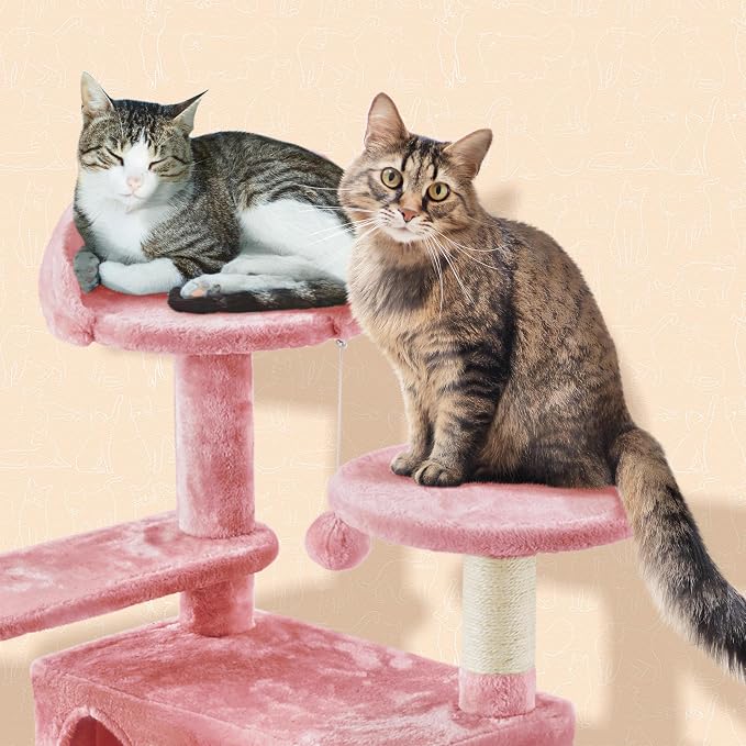 Topeakmart 57 inches Multi-Level Cat Tree Cat Condo with Scratching Posts Kittens Activity Tower Pet Play House Furniture, Pink | Easy to assemble, a great first cat tree with perches, hammock and anti-tip strap, ideal for small to medium cats, pink