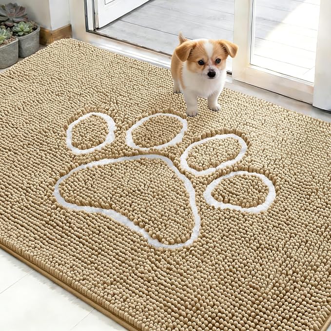 OLANLY Dog Door Mat for Muddy Paws 48x30, Paw Print Design Chenille Mud Mat | Beige, Absorbent, Traps Moisture and Dirt, Non-Slip Washable Doormat, Quick-Drying Indoor Entryway Floor Carpet for Dogs