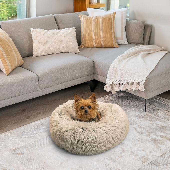 Best Friends by Sheri The Original Calming Donut Dog Bed for Extra-Small Dogs up to 10 lbs, Shag Faux Fur, Taupe, 18" x 18"