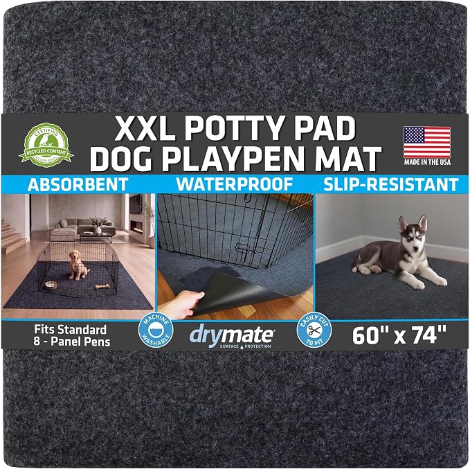 Drymate Jumbo XXL Potty Pad, Dog Playpen Mat Whelping (60x74), Super Absorbent, Waterproof, Slip-Resistant, Machine Washable, Reusable Puppy Pad for Training, Incontinence, Crate, Kennel (USA Made)