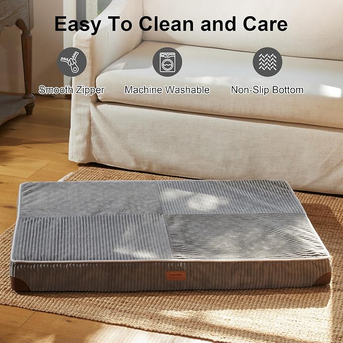 FUKUMARU X-Large Dog Bed, Thickened Waterproof Dog Mat with Washable Cover | 4" Extra Thick Egg Crate Foam Pet Mat, Corduroy Orthopedic Dog Bed for Crate, Flat Dog Pad with Anti-Slip Bottom