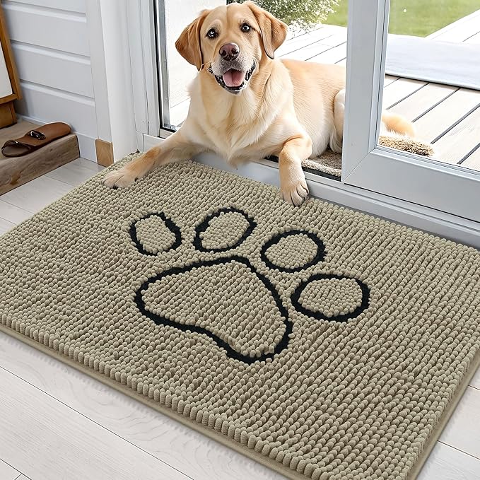 OLANLY Dog Door Mat for Muddy Paws 36x24, Paw Print Design Chenille Mud Mat | Warm Taupe, Absorbent, Traps Moisture and Dirt, Non-Slip Washable Doormat, Quick-Drying Indoor Entryway Floor Carpet for Dogs