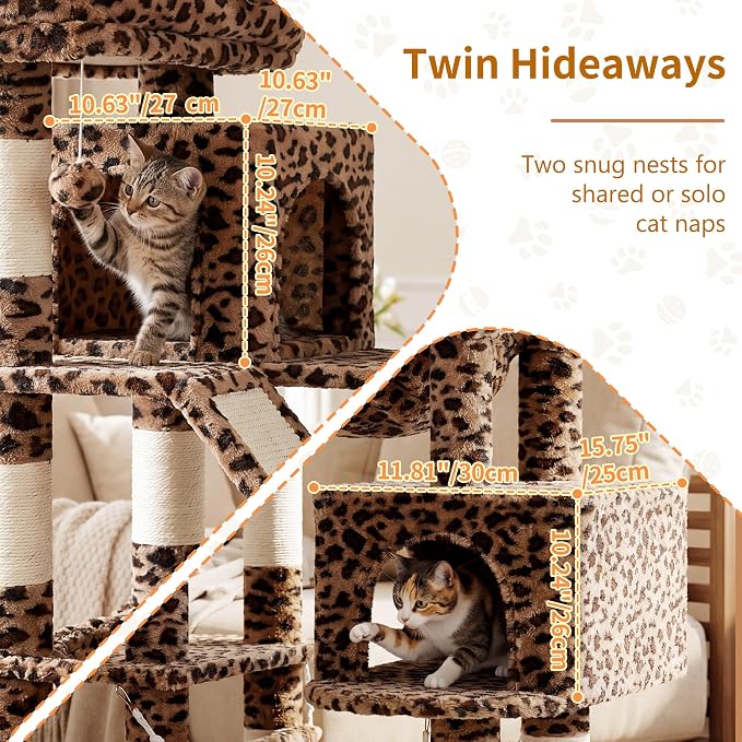 Heybly Cat Tree, 71-Inch-Tall Tower for Indoor Cats with 2 Perches HCT034BW | Large Cat Furniture with 2 Big Condos, 2 Hammocks, Basket, Scratching Pad, Multi-Level Cat Condo, Leopard Print
