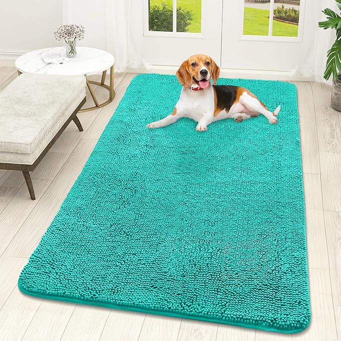 OLANLY Dog Door Mat for Muddy Paws 59x32, Super Absorbent Chenille Mud Mat | Teal, Absorbs Moisture and Dirt, Non-Slip Machine Washable Doormat, Quick-Drying Indoor Entryway Floor Carpet for Dogs