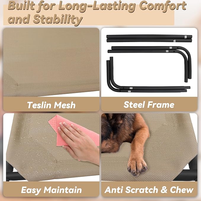 Heavy Duty Steel-Framed Portable Elevated Pet Bed, Elevated Cooling Pet Cot, 43.5" L x 25.5" W x 7.8" H(M, Brown)