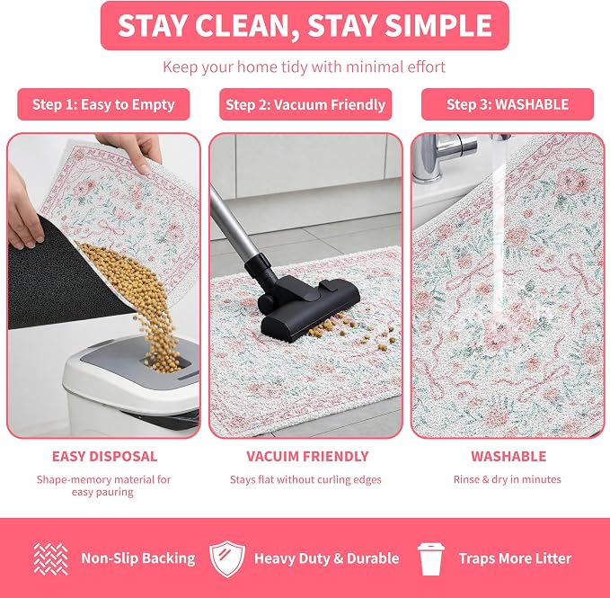 Cat Litter Mat 33" x 22" for Litter Box, Non-Slip Washable Floor Mat with Litter Trapping Design, Scatter Control for Cats and Kittens, Pink