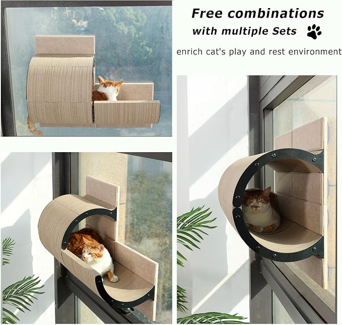 Cat Window Perch with Scratching Bed,Versatile Climbing Shelves Mounted by Strong Suction Cups, Solid Metal Frame and Anti-Slip Felt for Hide,Nap and Sunbath, Glass Protection Design(Oatmeal)