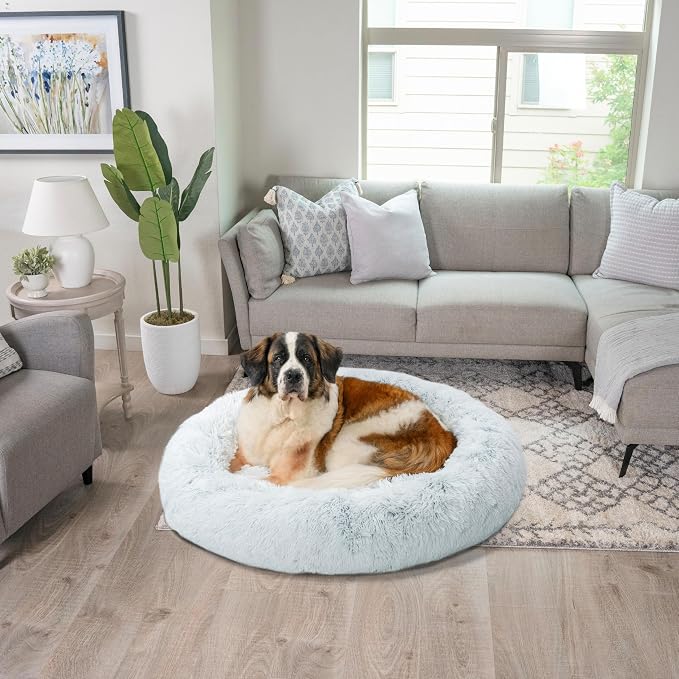 Best Friends by Sheri The Original Calming Donut Dog Bed for Extra-Large Dogs up to 150 lbs, Shag Faux Fur, Frost Gray, 45" x 45"