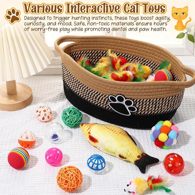 Sosation 70 Pcs Cat Easter Storage Basket Gift Toys Set Colorful Indoor Kitten Toy Assortment Including Mice, Rainbow Balls, Crinkle Balls, Springs Instinct Basket for Cats Interactive Play(Simple)