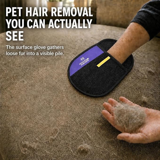 Pet Hair Remover Glove for Dogs & Cats, Self-Cleaning Deshedding Brush Kit | 2-in-1: deshedding brush grooms your pet; electrostatic glove lifts pet hair from cloth couches, car seats & clothing
