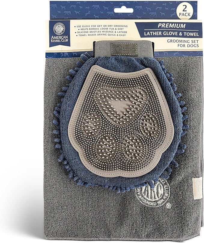 AKC 2-in-1 Dog Grooming Glove & Quick-Dry Towel, Silicone Bristles | Dual-sided bathing and brushing tool supports shedding, massaging and coat care for dogs of all sizes.