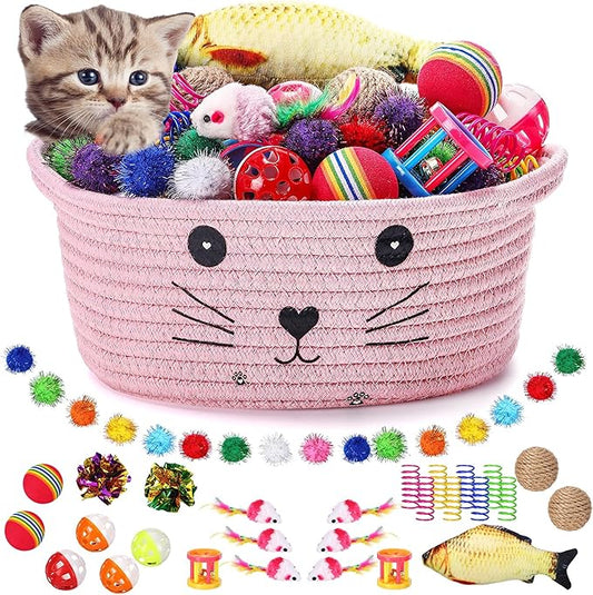 Zopeal 58 Pcs Summer Cat Storage Basket Gift Toys Set, Colorful Flashing Balls Pet Bell Crinkle Balls Spring Toys Attract Cat to Swat, Hunt, Interactive for Pet(Pink,9.8 Inch)
