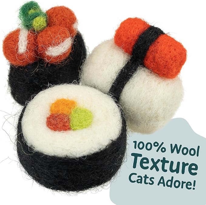 Woolbuddy Sushi Cat Toy Set – Wool Felt Interactive Toys for Indoor Cats & Kittens, Catnip-Free, Durable, Cute Enrichment Toys for Bored Cats, Natural Wool Dental & Hunting Play (Small – 9 Pcs)