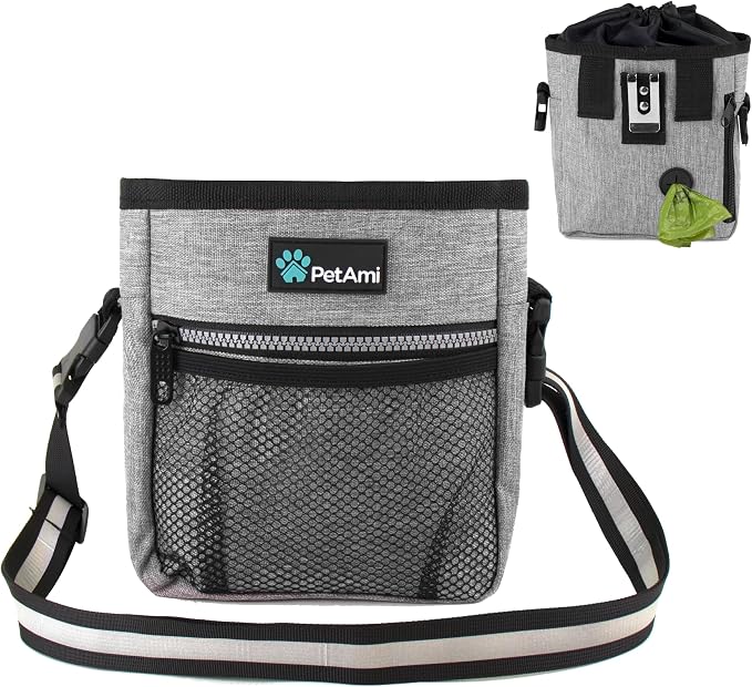 PetAmi Dog Treat Pouch, Pet Treat Pouch For Training, Dog Walking Bag Holder for Kibbles, Pet Food Toy, Dog Trainer Essentials Supplies, Poop Bag Dispenser, 3 Ways to Wear (Heather Gray)