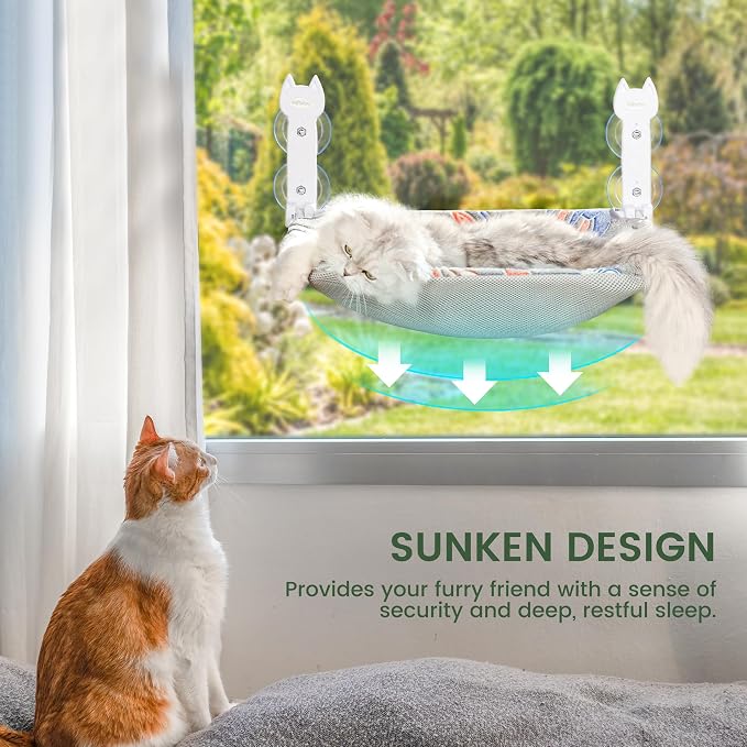 HiPetpy 2-Pack Large Cat Window Perch, Cordless Foldable Cat Hammock | Glow in the dark fabric, removable soft cover, breathable mesh, suction cups, large window cat bed for indoor cats