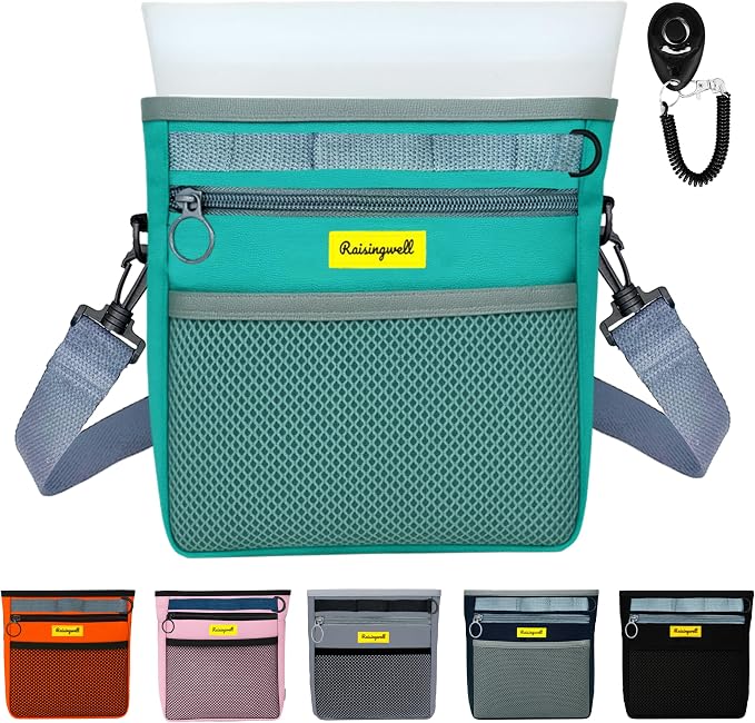 Raisingwell Dog Treat Pouch with Magnetic Closure 4-Cup Silicone Bag Fanny Pack Holder with Clicker 4 Ways to Wear Front Pocket Fits All Phones Ideal for Leash, Pet Walking and Training（Green）