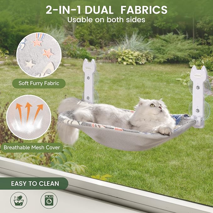 HiPetpy 2-Pack Large Cat Window Perch, Cordless Foldable Cat Hammock | Glow in the dark fabric, removable soft cover, breathable mesh, suction cups, large window cat bed for indoor cats