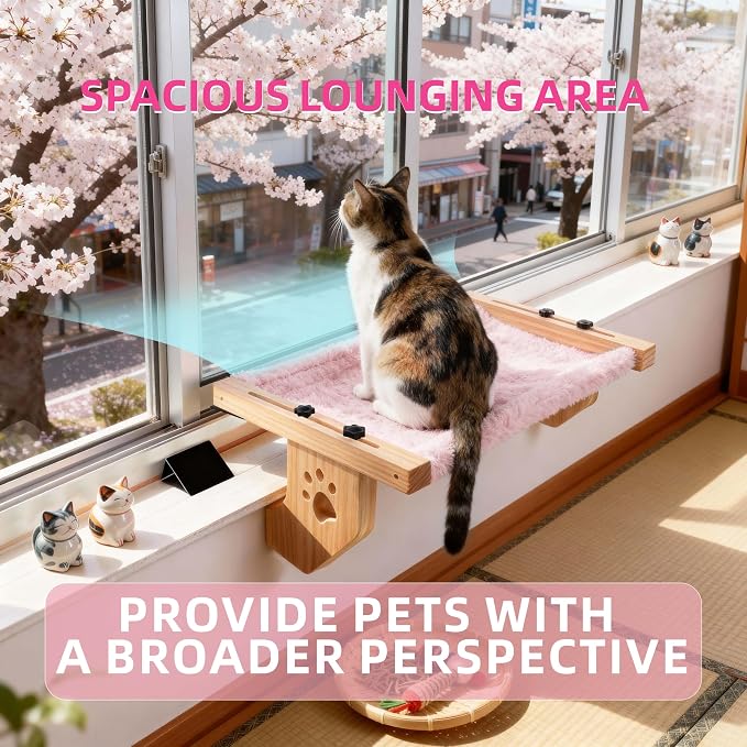 ESPETS Wooden Cat Window Bed for Large Cats, Pink Cat Window Perch Hammock | Solid Wood Window Ledge Perch, Sturdy Large Size Shelves, Soft Thick Removable Cushion, Easy Assemble Adjustable, Hold 50LBS