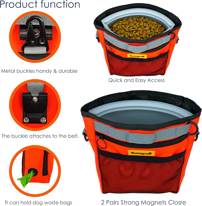 Raisingwell Dog Treat Pouch with Magnetic Closure 4-Cup Silicone Bag Fanny Pack Holder with Clicker 4 Ways to Wear Front Pocket Fits All Phones Ideal for Leash, Pet Walking and Training（Orange）