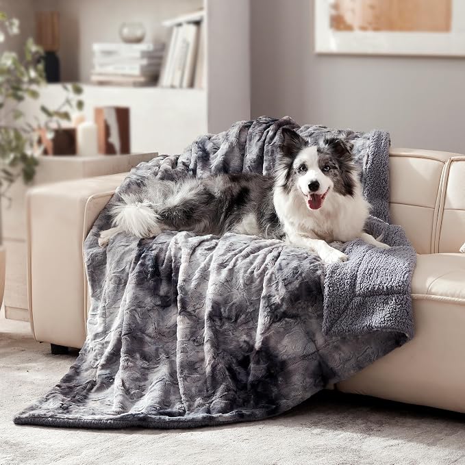 Waterproof Dog Blanket for Large Dogs, Washable Pet Blankets for Couch Furniture Protection with Soft Plush Reversible Design, Cozy Cat Throw for Calming Kitten Doggy, Tie-dye Grey, 50x60