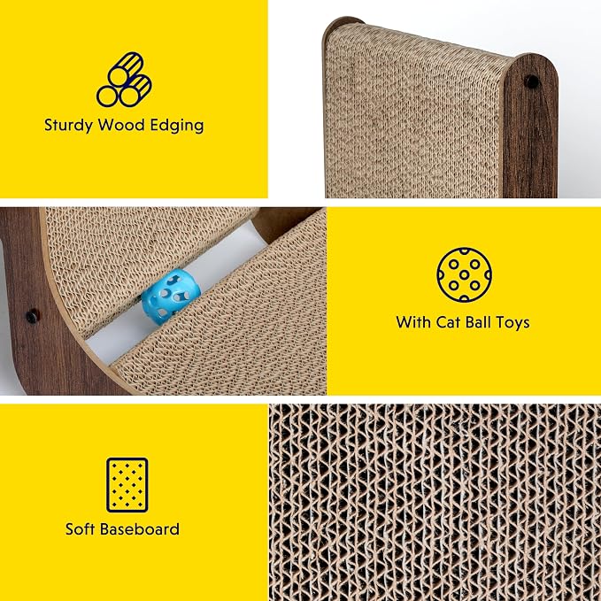 Fluffydream Cat Scratcher with Cat Toys Ball Track, Build-in Ball, L-Shaped Scratcher, Cardboard Lounge Bed, Stable and Durable, Furniture Protector, Reversible