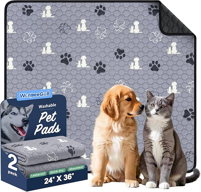 WanpeeGoo Washable Pee Pads for Dogs, Waterproof, 24 x 36 in, 2 Pack, Gray