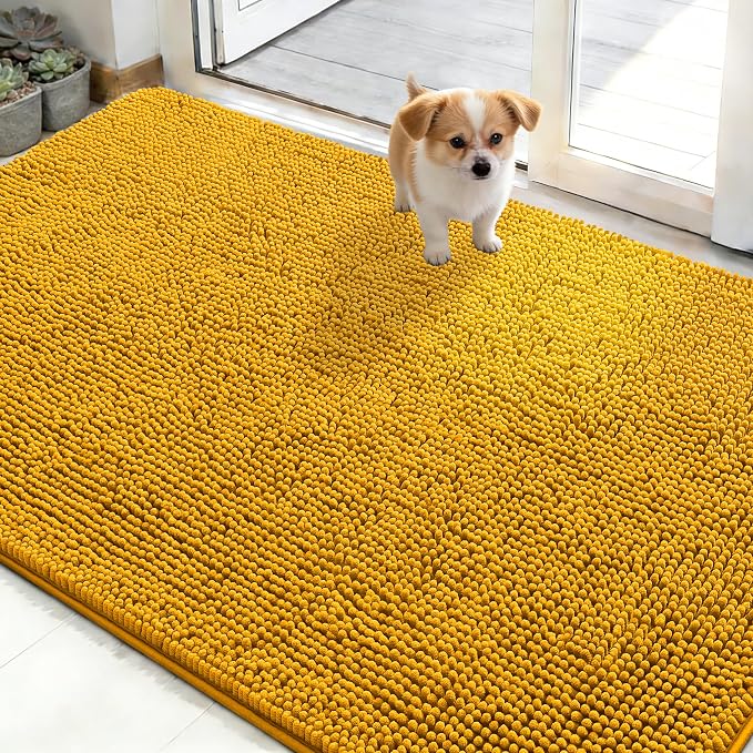 OLANLY Dog Door Mat for Muddy Paws 50x30, Super Absorbent Chenille Mud Mat | Golden Yellow, Absorbs Moisture and Dirt, Non-Slip Machine Washable Doormat, Quick-Dry Indoor Entryway Floor Carpet for Dogs